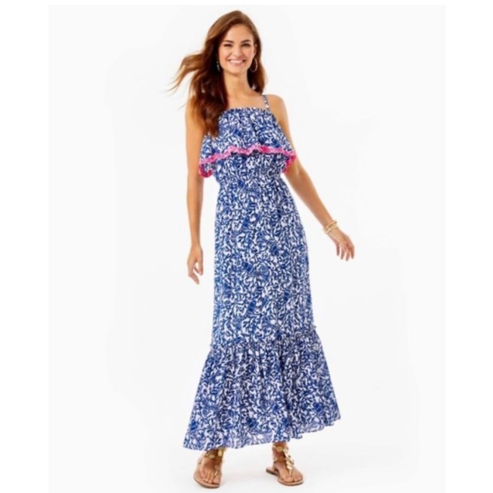 Lilly Pulitzer Oyster Bay Blue Krillin It Aida Ruffle Maxi Dress.